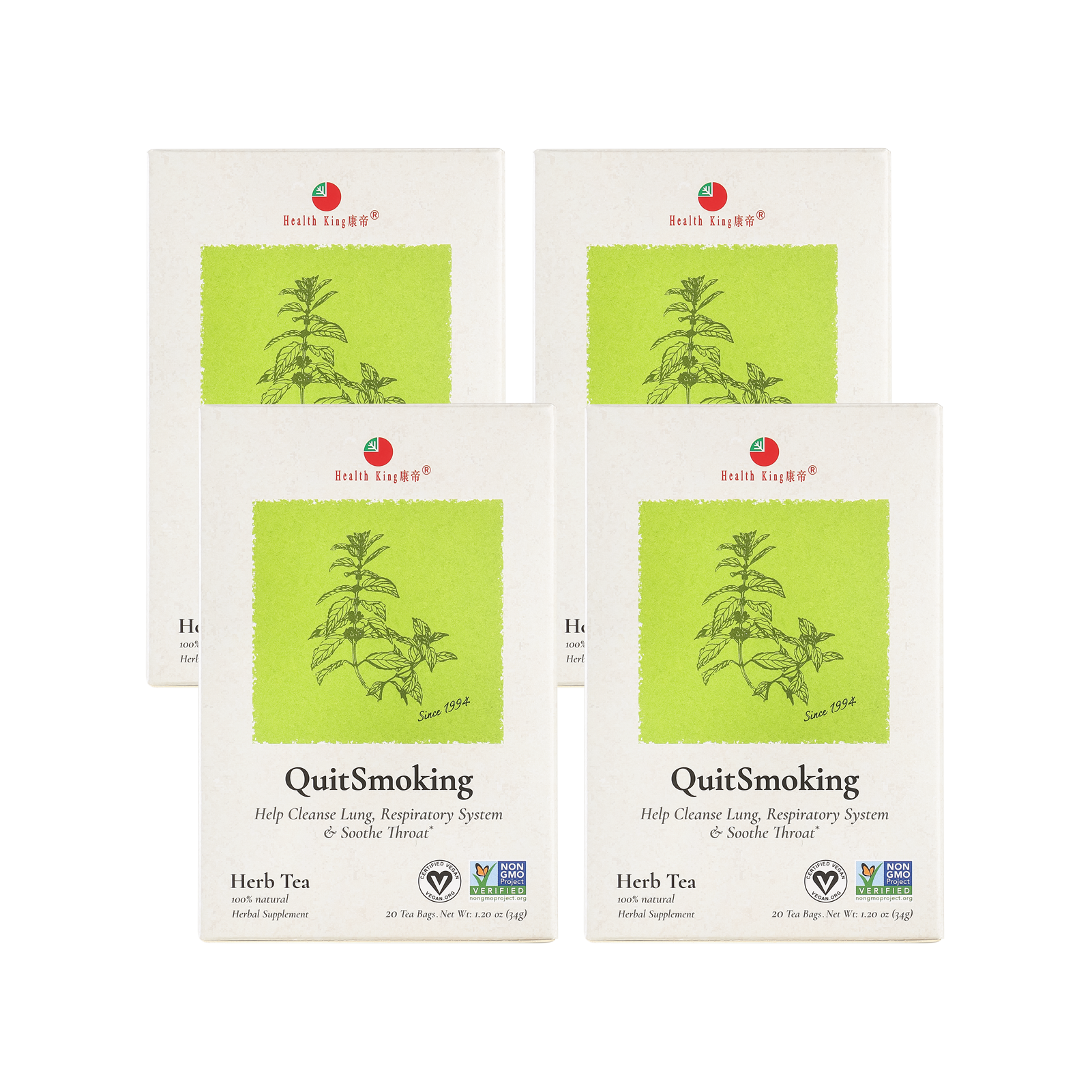 Four of Quit Smoking Herb Tea boxes, each promoting throat soothing and respiratory health
