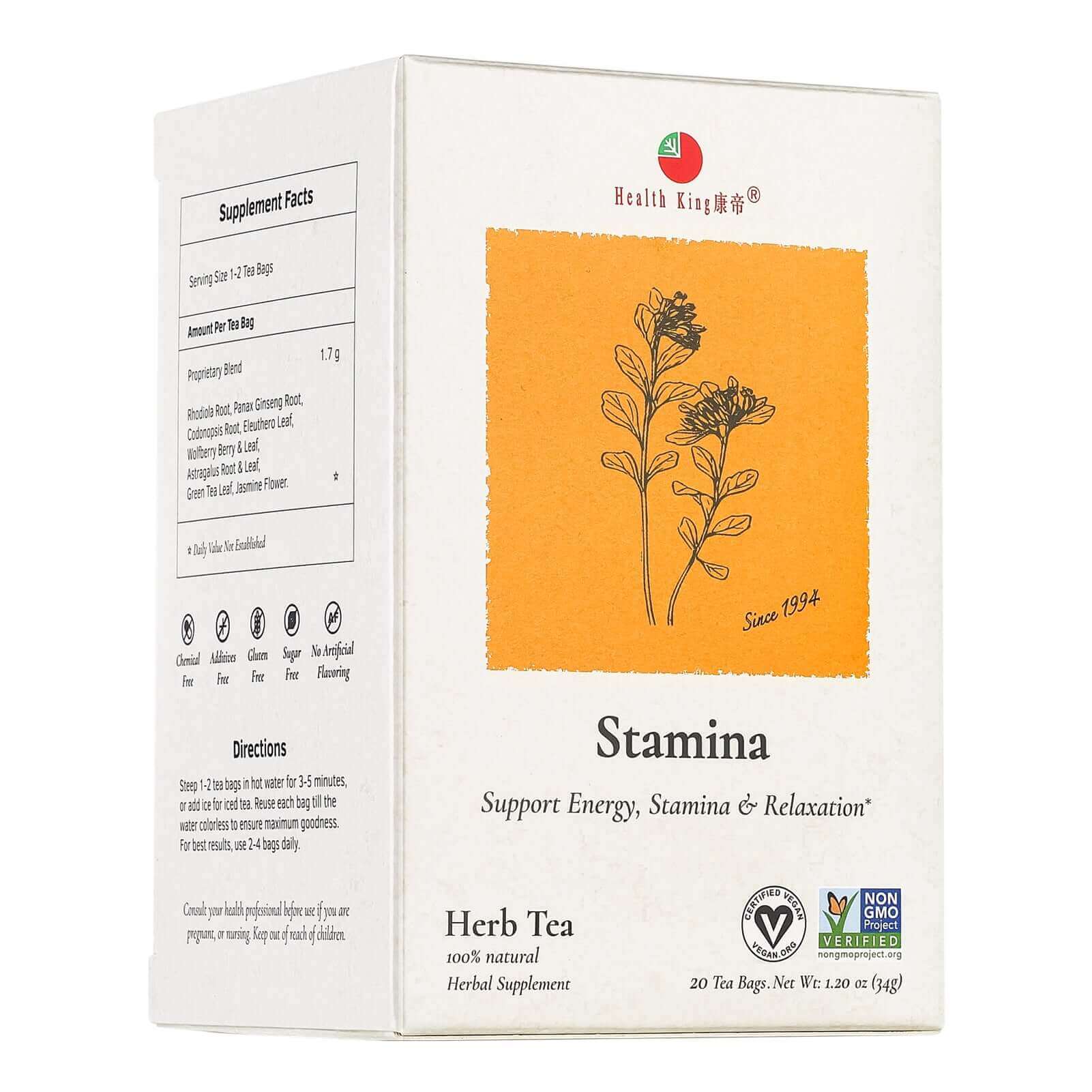 Stamina Herb Tea packaging with 20 tea bags for male energy and relaxation