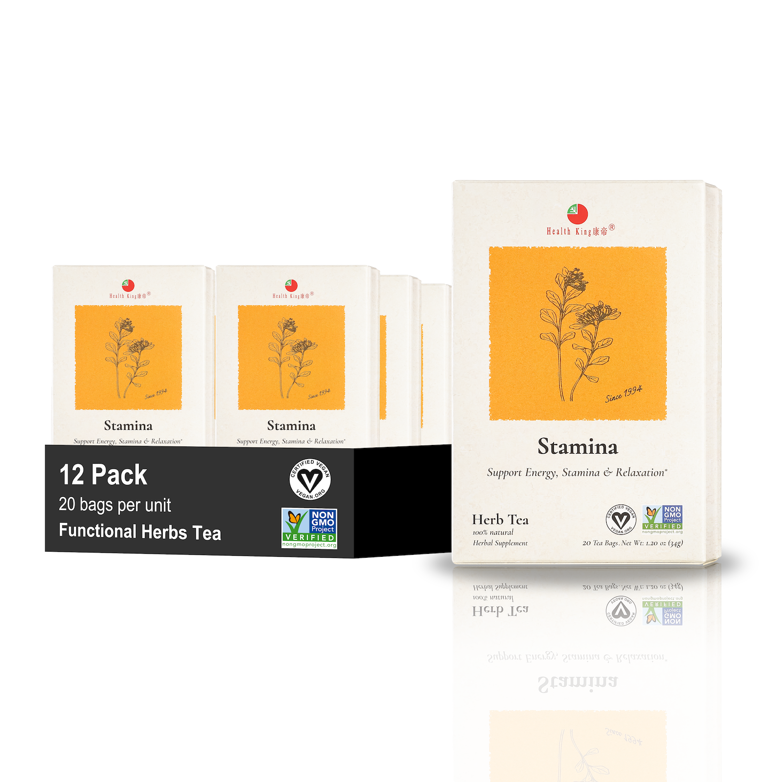 Pack of 12 Stamina Herb Tea bags promoting organic ingredients for relaxation