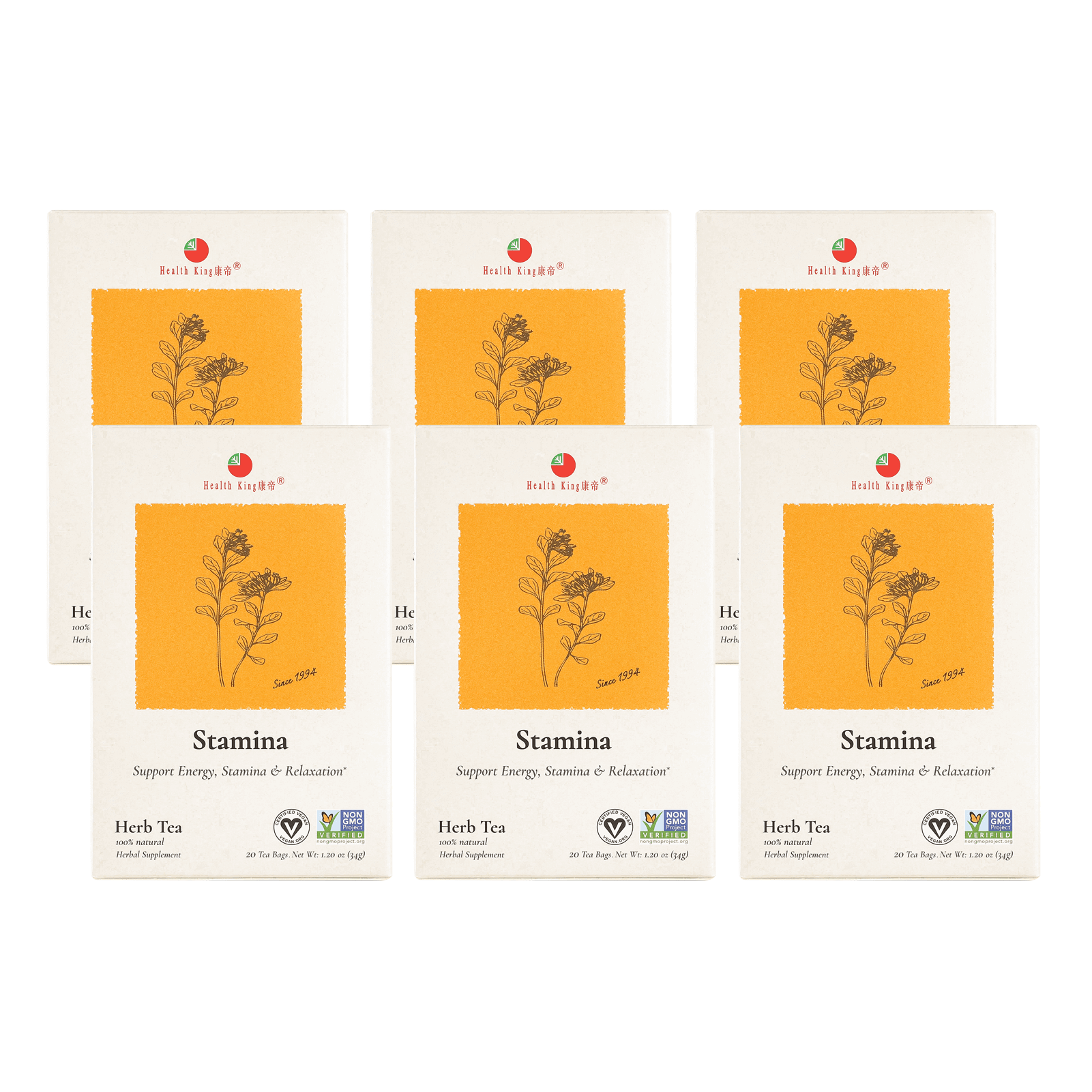 Stamina Herb Tea box set of six on a white background for supporting stamina