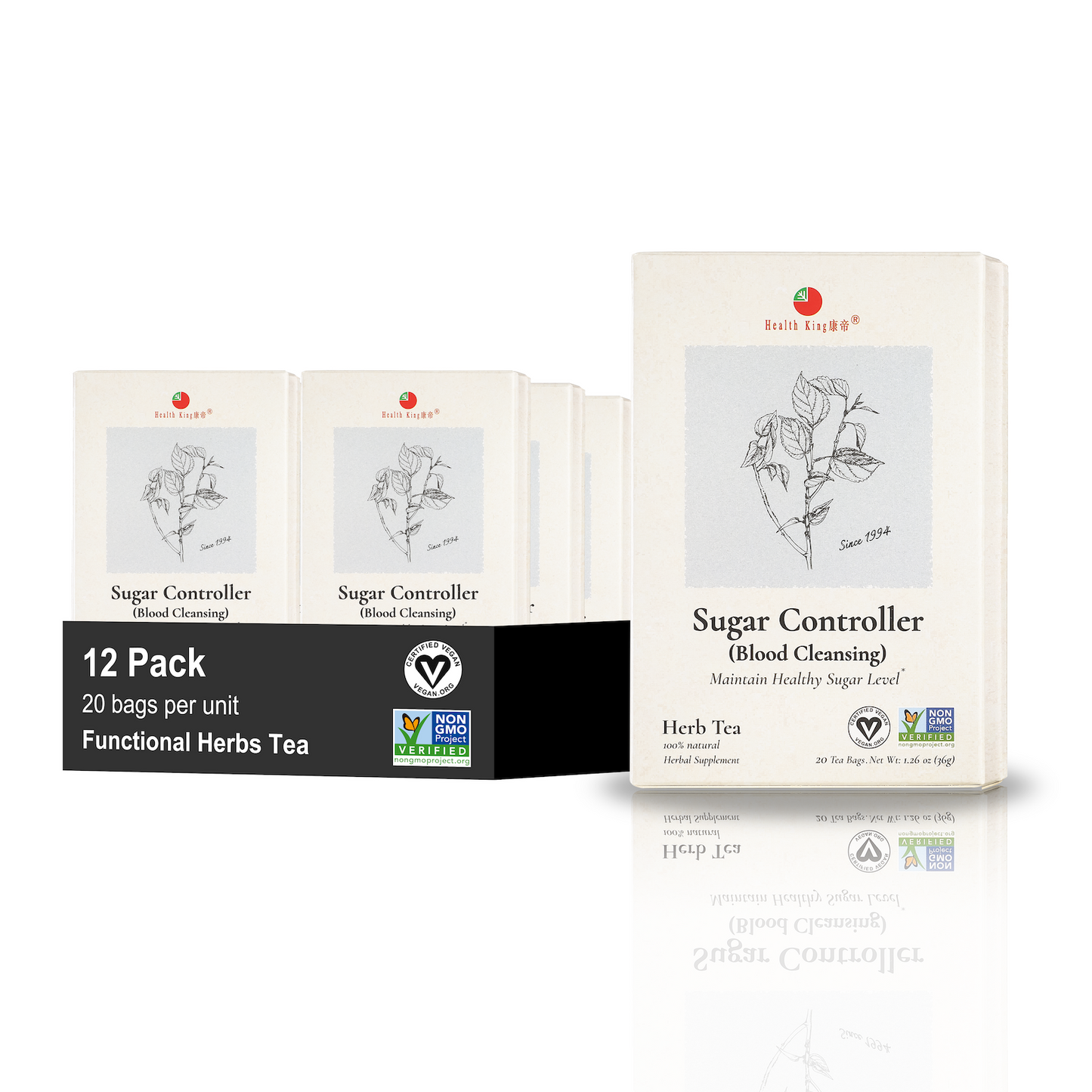 Twelve-pack of Sugar Controller organic herbal tea to support sugar balance