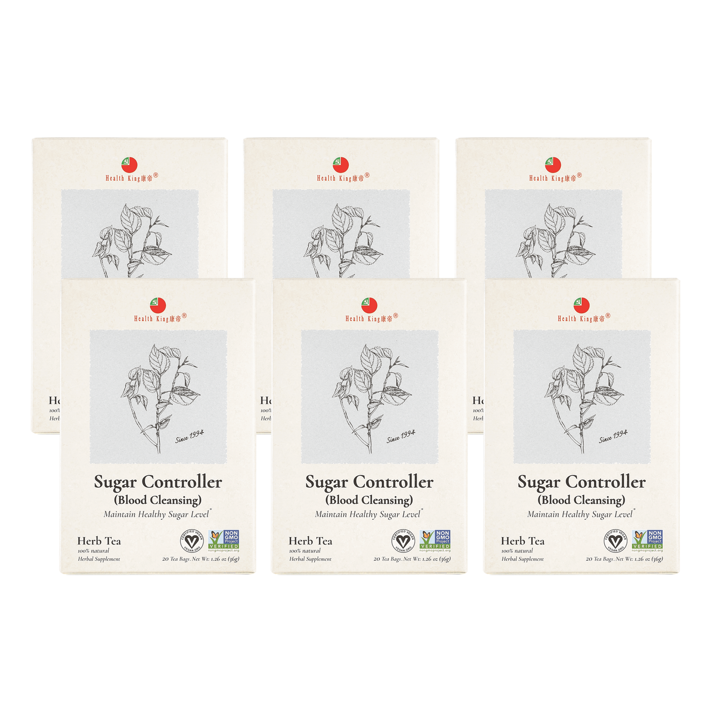 A display of six boxes of Sugar Controller Herb Tea for sugar management